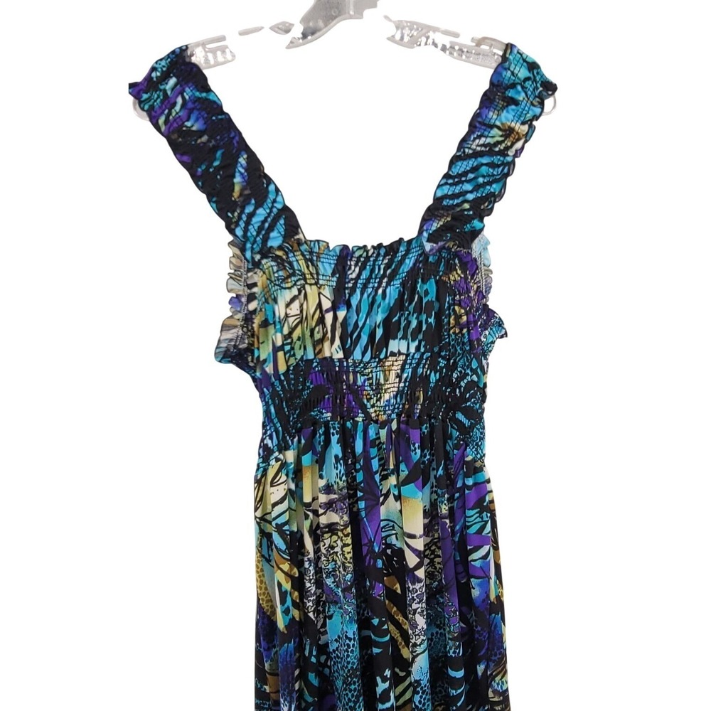 Womens Maxi Dress 1X Blue Purple Abstract Tropical Smocked V-Neck Boho Vacation - Picture 7 of 11